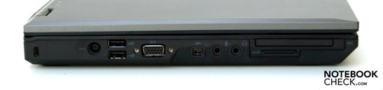 Linke Seite: Kensington Security Slot, 2x USB-2.0, VGA, FireWire, Mikrofon, Kopfhörer, ExpressCard/54, 3-in-1 Kartenleser