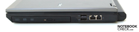 Rechte Seite: optisches Laufwerk, 2x USB-2.0, RJ-45 (LAN), RJ-11 (Modem)