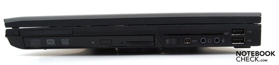 Rechte Seite: PC-Card-Slot, Ultra-Bay-Slot mit DVD-LW, SmartCard-Leser, WiFi-Hauptschalter, IEEE 1394 (FireWire), Kopfhörer, Mikrofon, 2xUSB-2.0