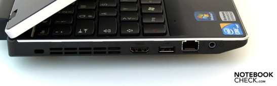 Linke Seite: Kensington Security Slot, Lüfter, HDMI, USB-2.0, RJ45 (LAN), Kombi-Audio