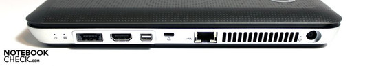Rechte Seite: eSATA/USB, HDMI, Mini-Display Port, Kensington Lock, LAN, Netzanschluss