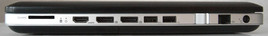 rechts: Kartenleser, HDMI, 2x DisplayPort, USB 3.0, USB 2.0, Lautstärkeregler, RJ45, Stromanschluss