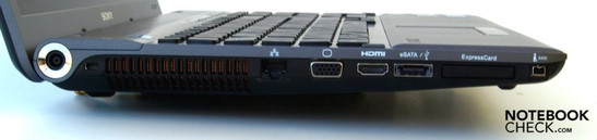Linke Seite: Stromanschluss, Kensington Security Lock, RJ-45 (LAN), VGA, HDMI, eSATA/USB-2.0, ExpressCard/34, FireWire
