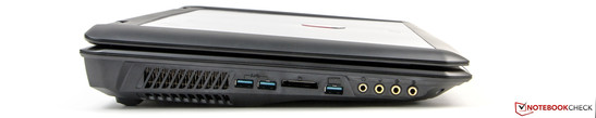 Links: 2 x USB 3.0, Kartenleser, USB 3.0, Kopfhörer, Mikrofon, Line-In, Line-Out