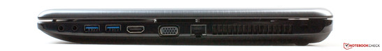 rechts: Kopfhörer, Mikrofon, 2 x USB 3.0, HDMI, VGA, LAN, Schloss