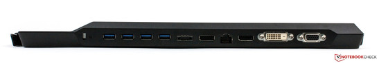 Dock: Schloss, 4 x USB 3.0, eSATA, DisplayPort, LAN, DisplayPort, DVI, VGA