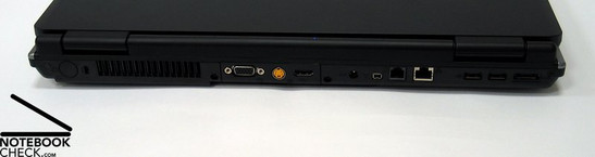 Rückseite: Kensington Lock, Lüfter, VGA Out, S-Video, HDMI, Netzanschluss, Firewire, Modem, LAN, 2x USB 2.0, eSATA