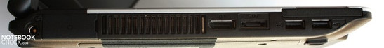 Linke Seite: 54mm-Express-Karten-Slot, 2x USB 2.0, eSATA-Anschluss, Display-Port, Lüftungsgitter, VGA-Port, Netzanschluss