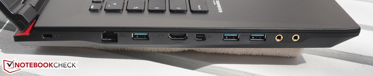 linke Seite: Kensington Lock, RJ45-LAN, USB 3.0, HDMI, Mini-DisplayPort, 2x USB 3.0, Mikrofon, Kopfhörer