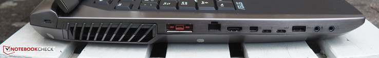 linke Seite: Kensington Lock, Stromeingang, RJ45-LAN, HDMI 2.0, Mini-DisplayPort 1.4, Thunderbolt 3.0, USB 3.1 Typ C, USB 3.0, Mikrofon, Kopfhörer