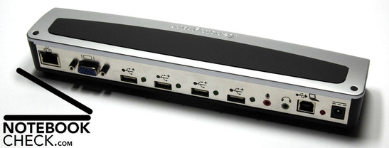 Die Anschlüsse von links nach rechts: Ethernet, VGA (D-Sub 15-polig), 4-fach USB Hub, Mikrofon-Eingang, Audio-Ausgang, USB-Upstream, Netzteilanschluss