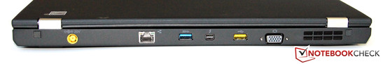 Rückseite: Netzteilanschluss, GBit-LAN, USB 3.0, Thunderbolt, powered USB 2.0, VGA