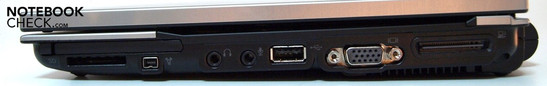 Rechte Seite: ExpressCard/54, SD-Kartenleser, FireWire, Kopfhörer, Mikrofon, USB-2.0, VGA, Dockingport