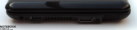 Linke Seite: Netzanschluss, USB 2.0, Expansion Port, Audio, LAN (hinter Gummistöpsel)