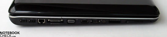 Linke Seite: 2x USB, LAN, Expansion Port, VGA-Out, HDMI, eSATA, Firewire, Cradreader, ExpressCard