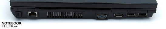 Linke Seite: Kensington Lock, LAN, VGA, HDMI, 2xUSB, 34mm Express Card