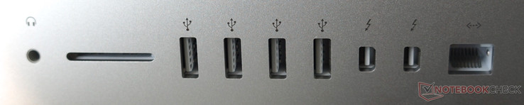 Rückseite: Headset, SD-Karte, 4x USB 3.0, 2x Thunderbolt 2 (mit DisplayPort), Gigabit LAN