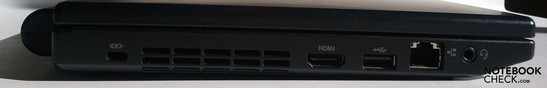 Linke Seite: Kensington Lock, Lüfter, 1x USB 2.0, RJ45 (LAN), 1x HDMI, Kombi-Audio