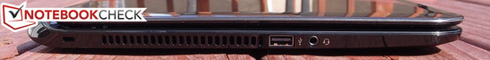 linke Seite: Kensington Lock, USB 2.0, 3,5-mm-Kombi-Audiobuchse