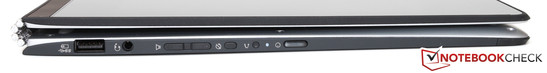 linke Seite: USB 3.0, kombinierter Audioanschluss, Lautstärkewippe, Rotationssperre, Lenovo OneKey Recovery, Power Button