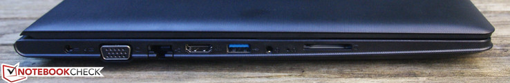 Links: DC-In, VGA, Ethernet, HDMI, USB 3.0, 3.5 mm Klinke, SD-Kartenleser