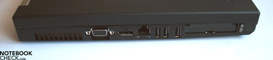 Linke Seite: VGA-Out, Display Port, LAN, 3x USB 2.0, PCCard/ExpressCard