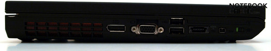Linke Seite:Lüfter, Displayport VGA, 2x USB, USB/eSATA Kombi, FireWire, WiFi-Hauptschalter