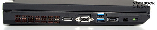Linke Seite: Lüfter, DisplayPort, VGA; 2x USB-3.0, USB-eSATA-Kombination, FireWire, WiFi-Hauptschalter