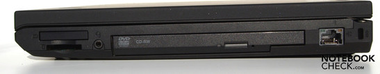 Rechte Seite: ExpressCard/34, 5-in-1-Kartenleser, Kombi-Audio, Ultra-Bay-Slot mit DVD-LW, RJ45-LAN, Kensington-Security-Slot