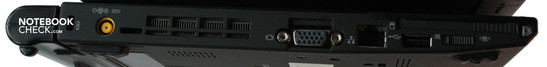 Linke Seite: CardBus, WLAN-Schalter, USB, LAN, VGA, Lüfterauslass, Stromeingang, Kensington Lock
