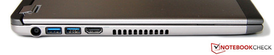Linke Seite: Netzteilanschluss, 2x USB 3.0, HDMI, Luftauslass