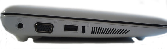 Linke Seite: Strom, VGA, USB 2.0, Kensington Lock