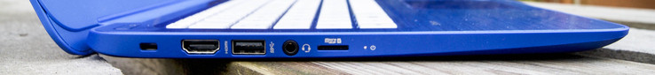 links: Kensington Lock, HDMI-Ausgang, USB 3.0, Audio-Combo, MicroSD-Kartenslot