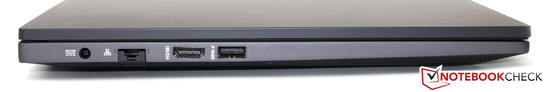 linke Seite: Netzteil-Anschluss, Gbit-LAN, HDMI, USB 3.0