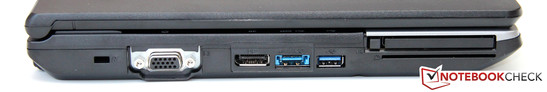 linke Seite: Kensington Lock, VGA, DisplayPort, USB 3.0/eSATA, USB 3.0, ExpressCard