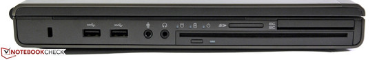 Links: Kensington, 2x USB 3.0, Audio, optisches slot-in-Laufwerk, Cardreader, Smart Card Reader, ExpressCard/54/34