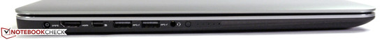 Links: Netzanschluss, HDMI, Mini-DisplayPort, 2 x USB 3.0, Audio in/out, Akkustandsanzeige