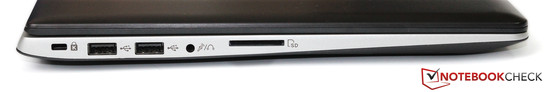 Linke Seite: Kensington Lock, 2x USB 2.0, Headset-Anschluss, SD-Kartenleser