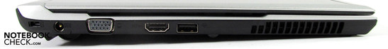 Linke Seite: Kensington Lock, Netz, VGA, HDMI, USB 2.0