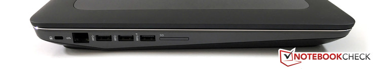 links: Kensington Lock, Gigabit-Ethernet, 3x USB 3.0 (1x Always-On), SD-Kartenleser