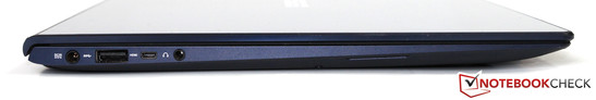 linke Seite: Netzteilanschluss, USB 3.0, Micro-HDMI, Headset-Anschluss