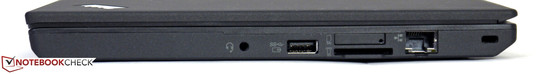 Rechts: Audio, USB 3.0 mit Ladefunktion, SIM-Schublade, Cardreader, LAN, Kensington-Vorbereitung