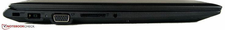 links: Kensington Lock, Netzanschluss, VGA-Ausgang, SD-Kartenlesegerät, Audio-Kombo