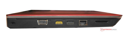 Linke Seite: Kensington Lock, VGA, 2 x USB 2.0, RJ-45, 4-in-1 Kartenleser