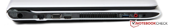 Linke Seite: Netzteilanschluss, GBit-LAN, VGA, HDMI, Luftauslass, USB 3.0, Kopfhörer/Mikrofon