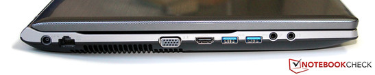 Linke Seite: Netzteilanschluss, GBit-LAN, VGA, HDMI, 2x USB 3.0, Kopfhörer/Mikrofon