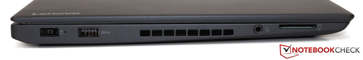 linke Seite: Netzteilanschluss, USB 3.0, Luftauslass, Headset-Buchse, Kartenleser