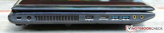 Linke Seite: Kensington Lock, Netzteilanschluss, USB 2.0, HDMI, 2x USB 3.0, Mikrofon/Kopfhörer