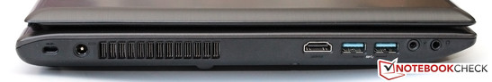 linke Seite: Kensington Lock, Netzteilanschluss, Luftauslass, HDMI, 2x USB 3.0, Mikrofon, Kopfhörer