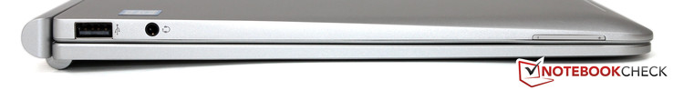 linke Seite: USB 2.0, Headset-Buchse, Lautstärke-Regler